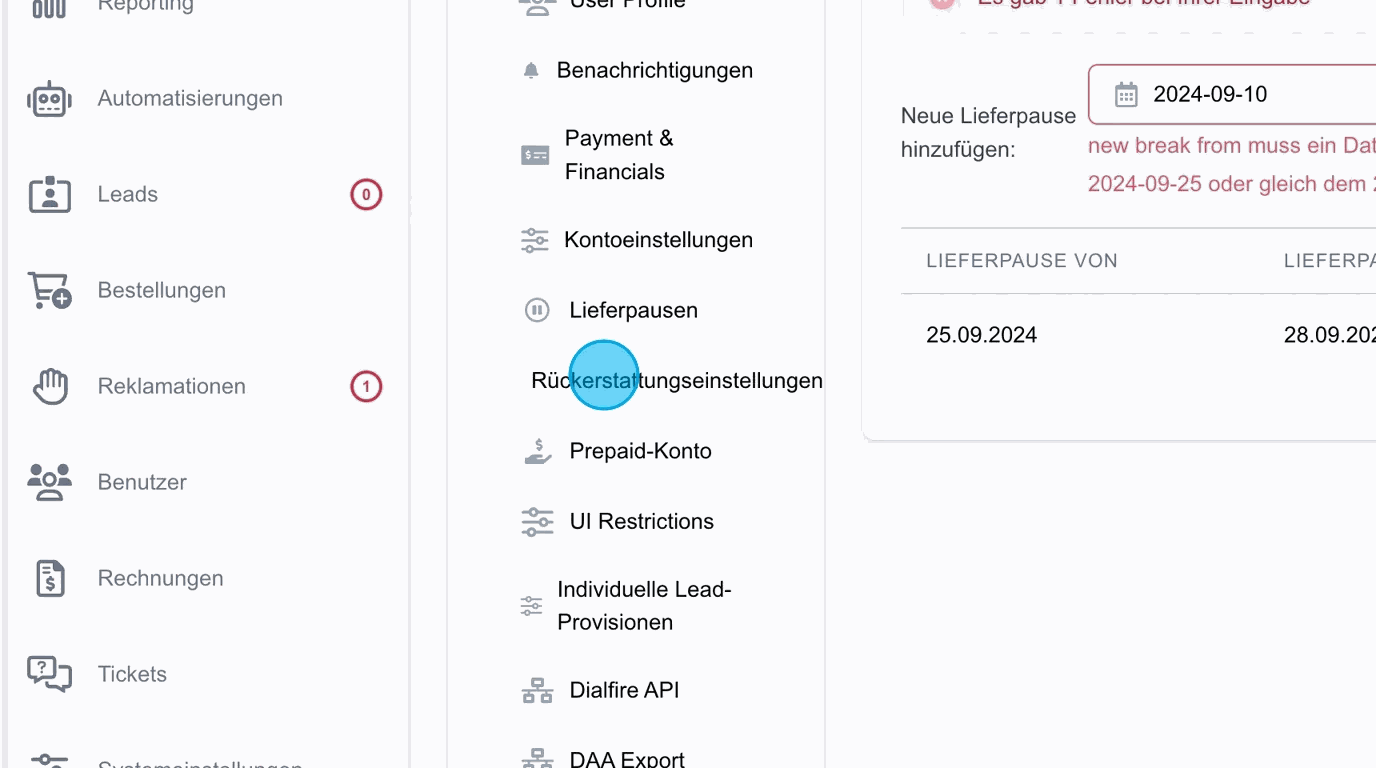 Screenshot: Rückerstattungseinstellungen für einen Benutzer