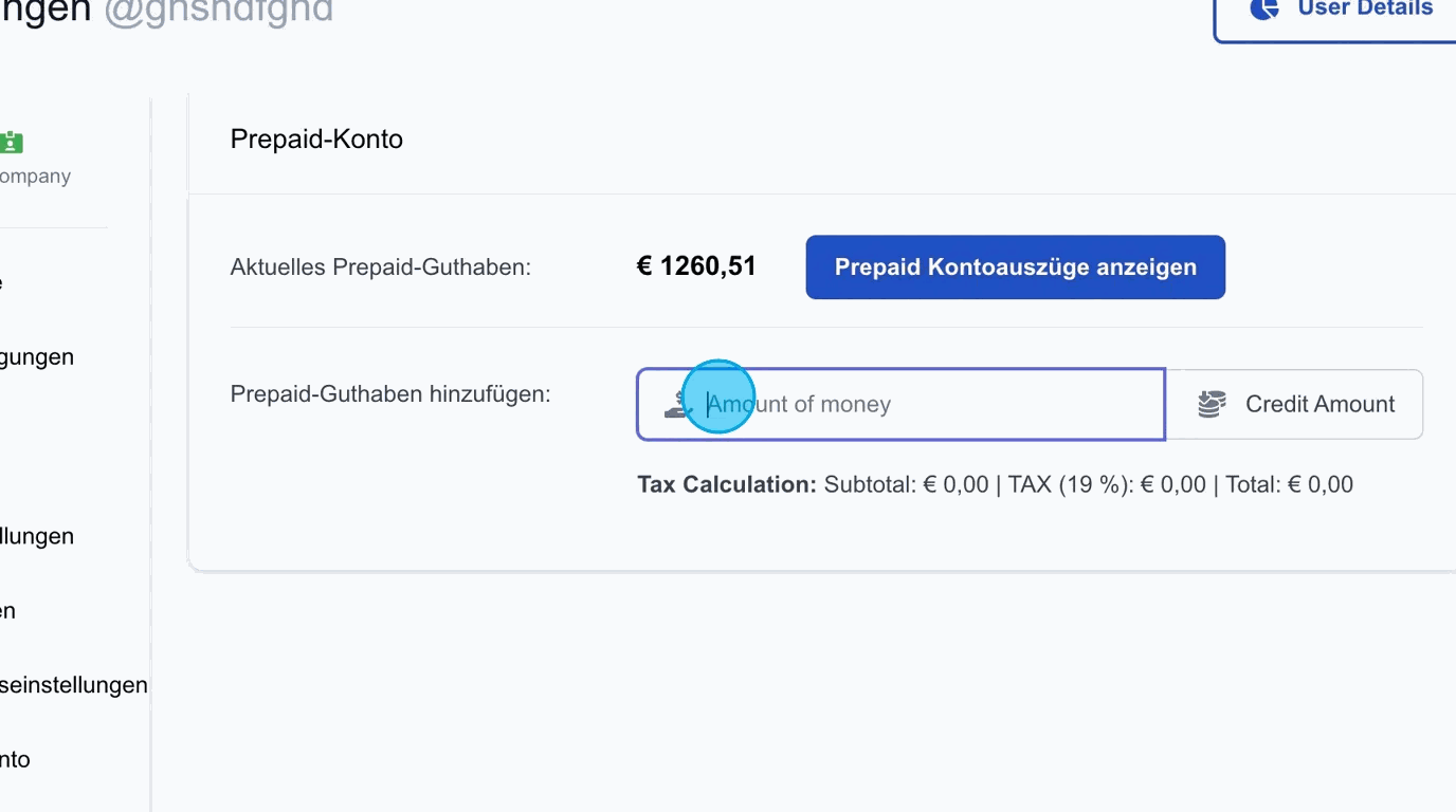 Screenshot: Prepaid-Guthaben für den Nutzer hinzuzufügen