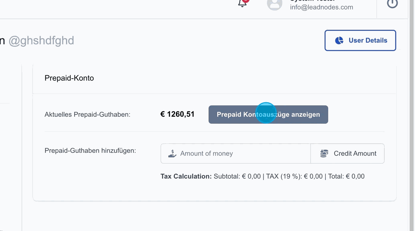 Screenshot: Aktuelles Prepaid Guthaben