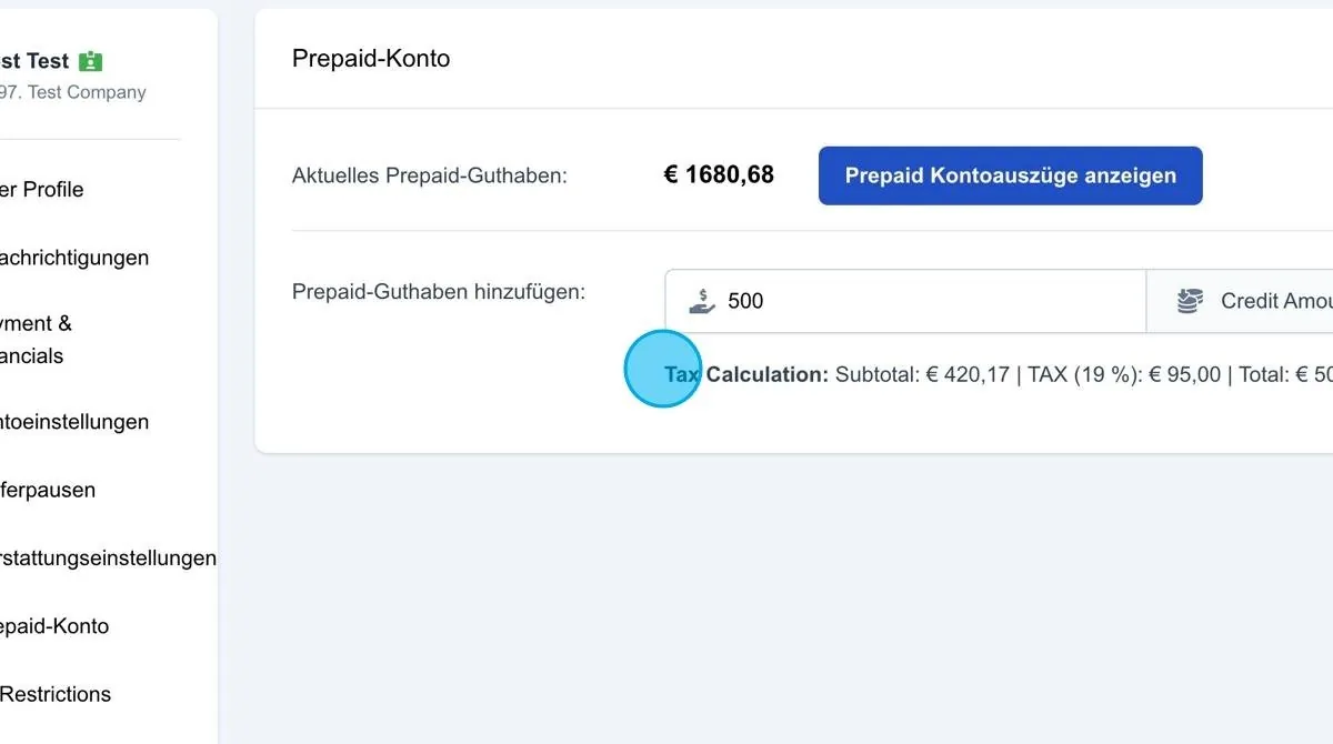 Screenshot: Tax Calculation