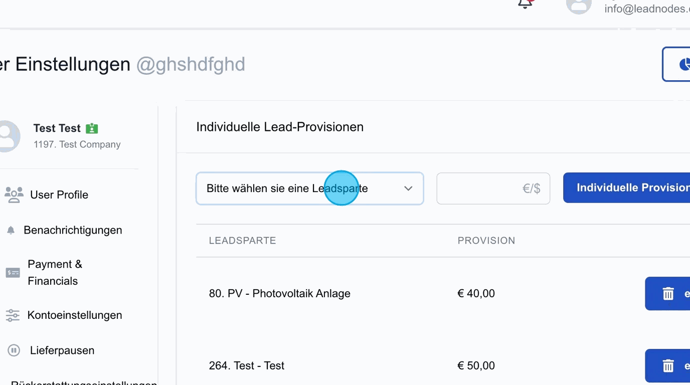Screenshot: Bitte wählen Sie eine Leadsparte