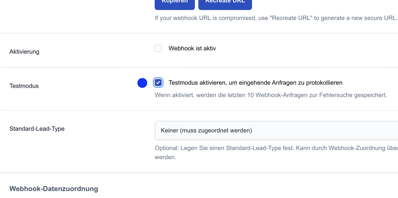 Screenshot: Webhook-Import – Testmodus