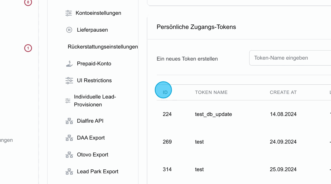 Screenshot: Persönliche Zugangs-Tokens