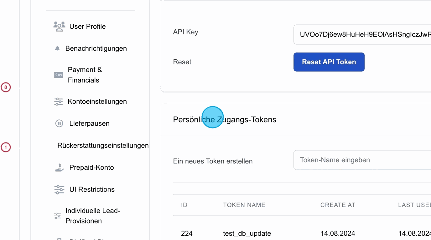 Screenshot: Persönliche Zugangs-Tokens