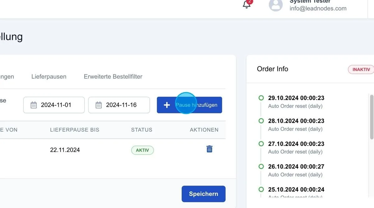 Screenshot: Lieferpausen einstellen