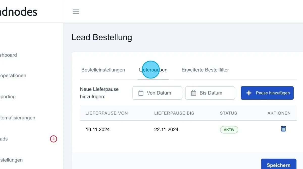 Screenshot: Lieferpausen für eine Bestellung