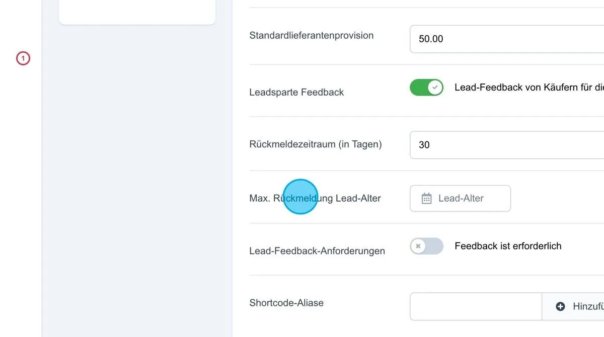 Screenshot: Maximales Rückmeldung Lead-Alter
