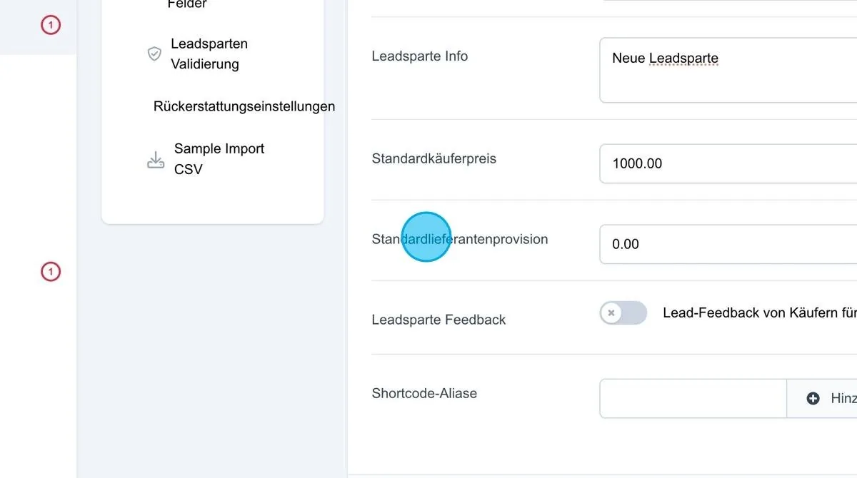 Screenshot: Standardlieferantenprovision