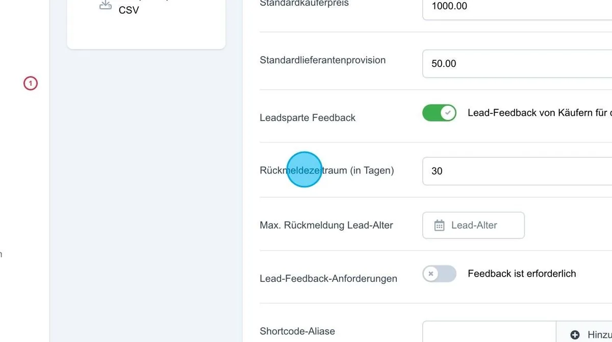 Screenshot: Rückmeldezeitraum (in Tagen)