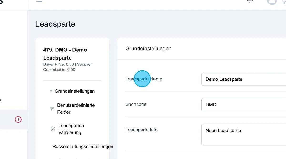 Screenshot: Leadsparte Name
