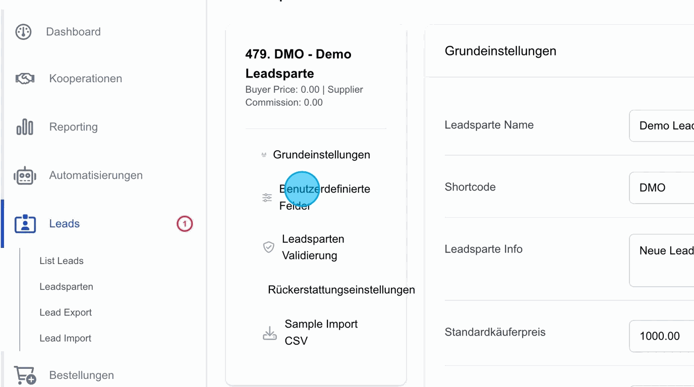 Screenshot: Benutzerdefinierte Felder