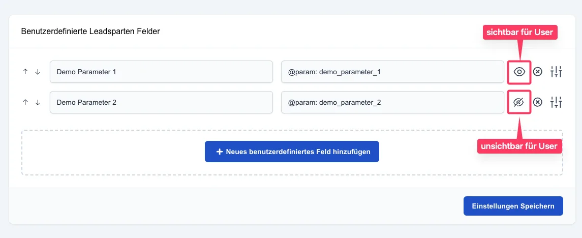 Screenshot: Sichtbarkeit von benutzerdefinierten Feldern