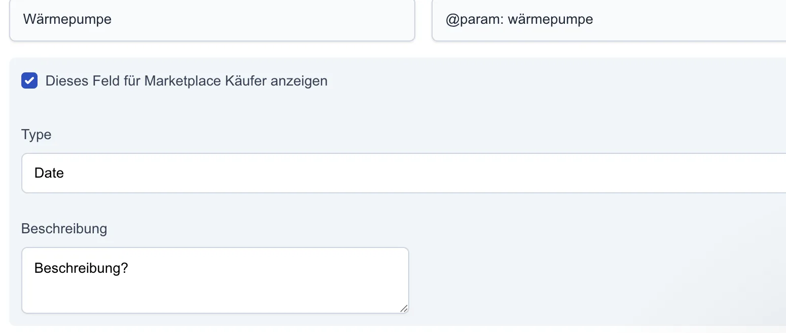 Screenshot: Benutzerdefinierte Felder im Marktplatz