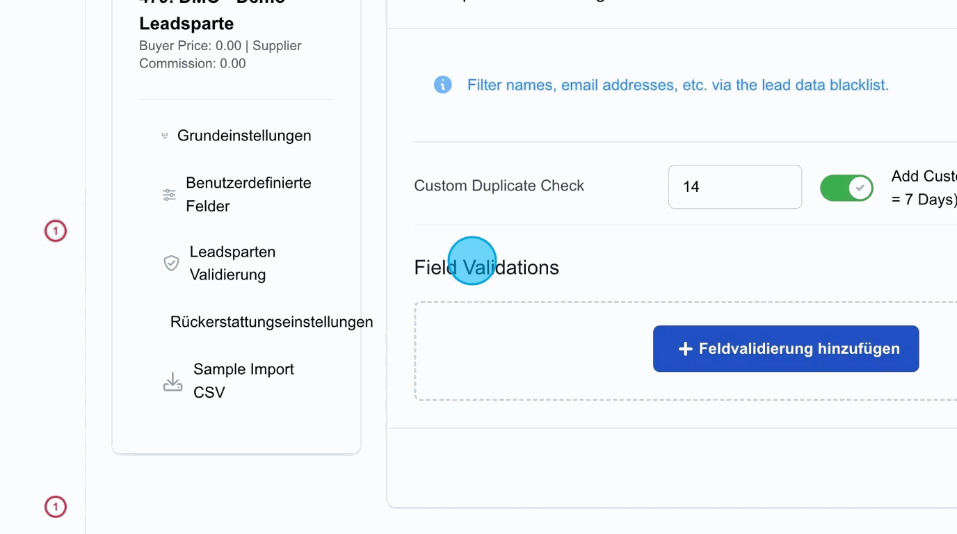 Screenshot: Field Validations