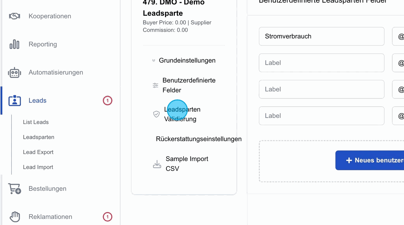 Screenshot: Leadsparten Validierung