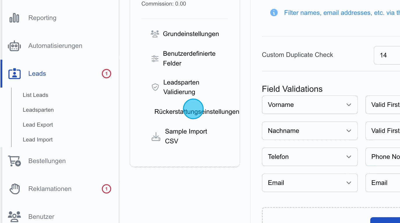 Screenshot: Rückerstattungseinstellungen für eine Leadsparte