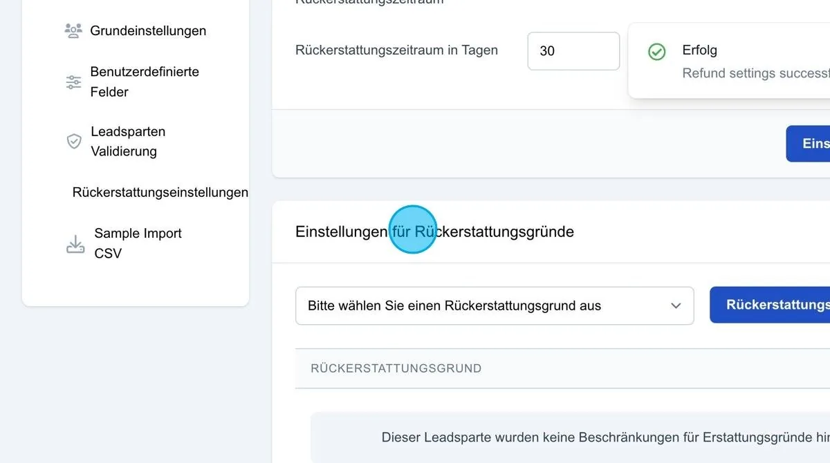 Screenshot: Einstellungen für Rückerstattungsgründe
