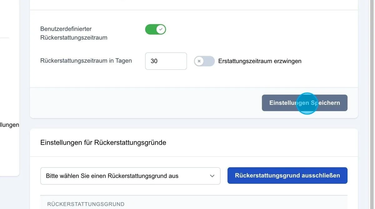 Screenshot: Rückerstattungszeitraum in Tagen