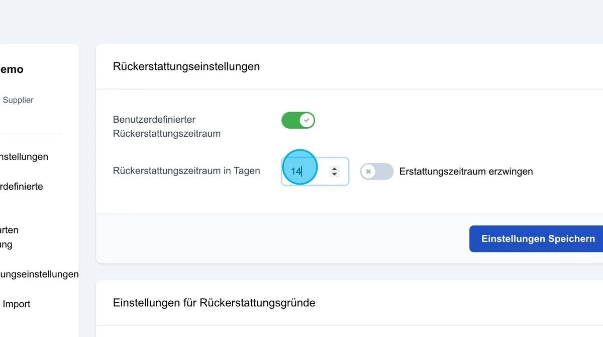 Screenshot: Rückerstattungszeitraum in Tagen