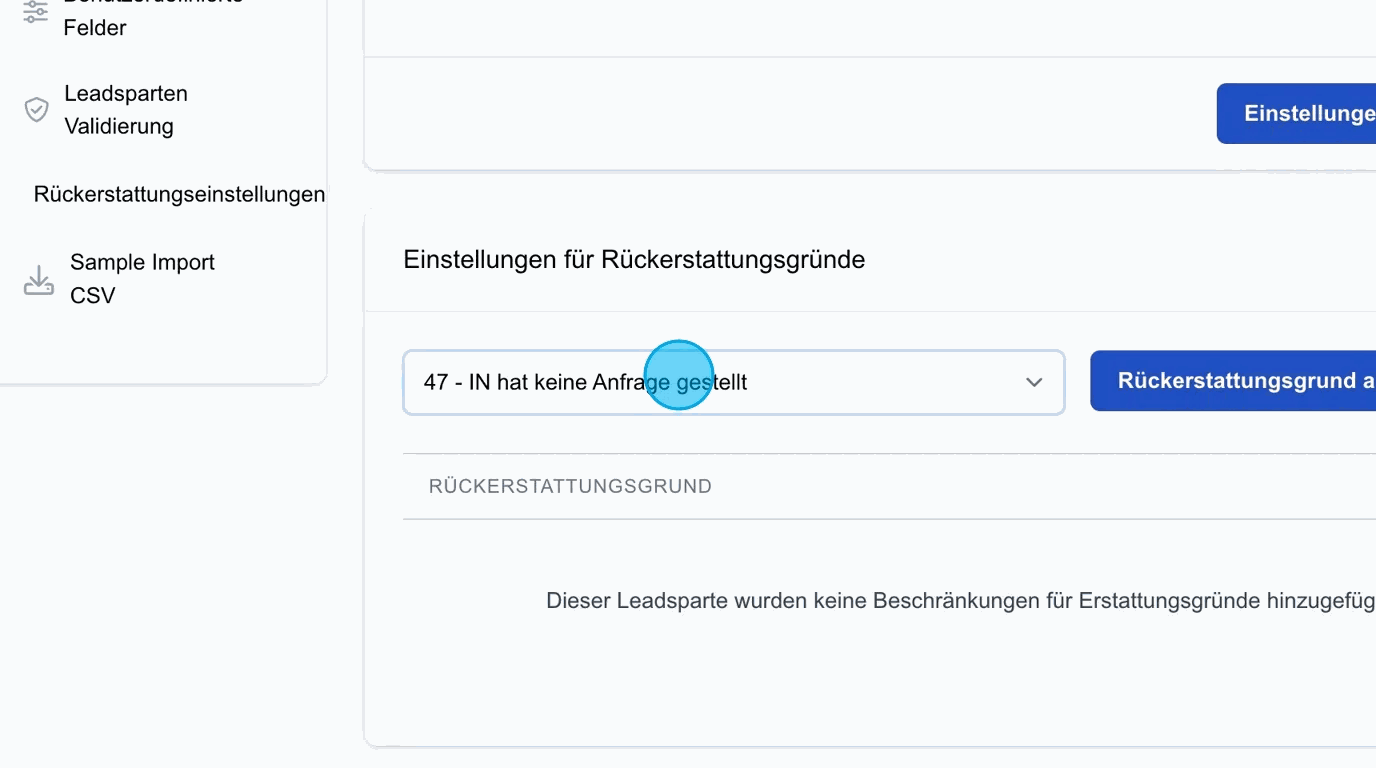 Screenshot: Einstellungen für Rückerstattungsgründe