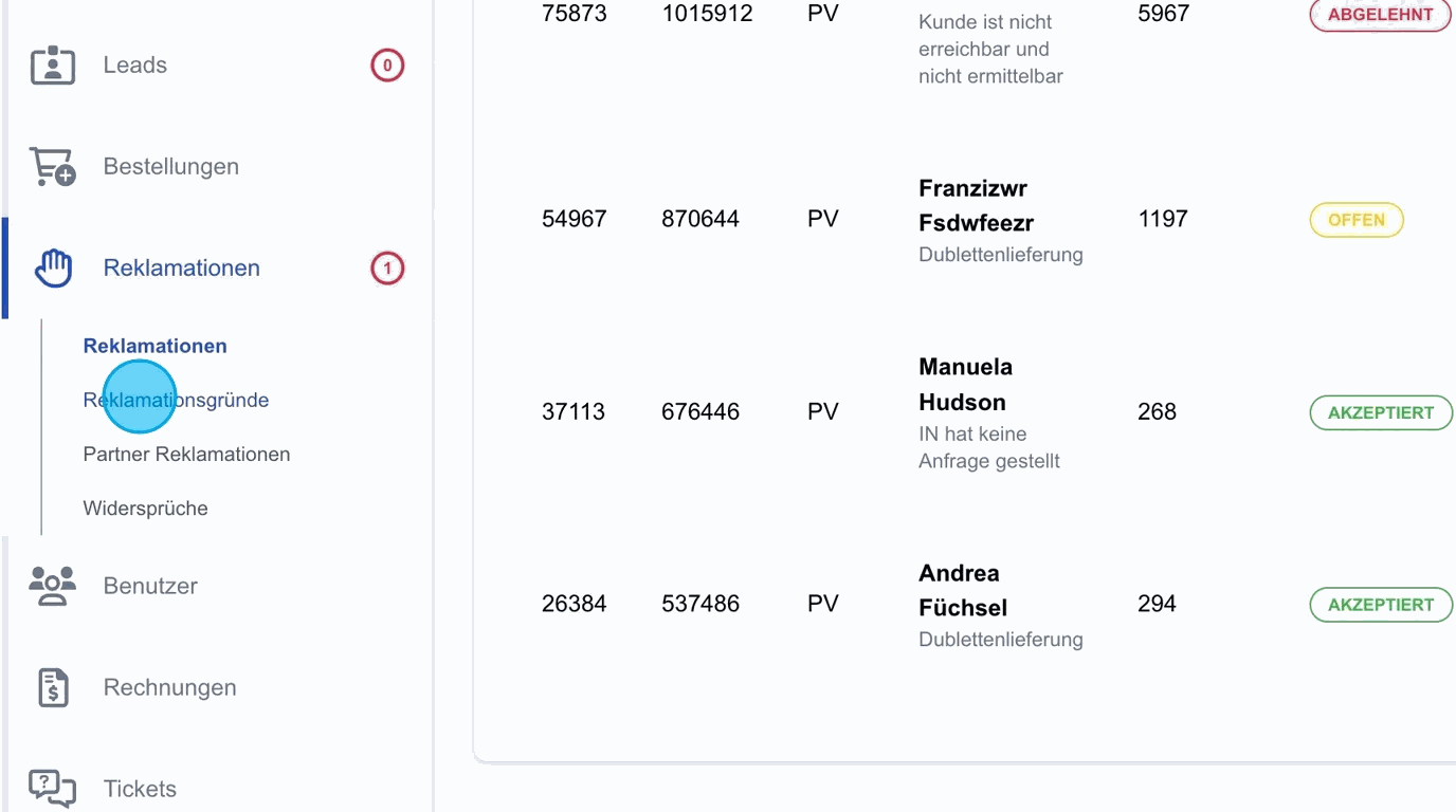 Screenshot: Reklamationsgründe