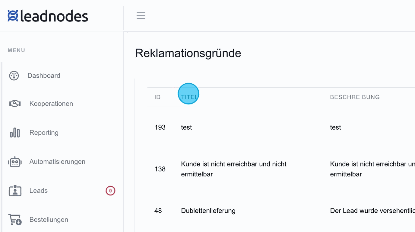 Screenshot: Reklamationsgründe