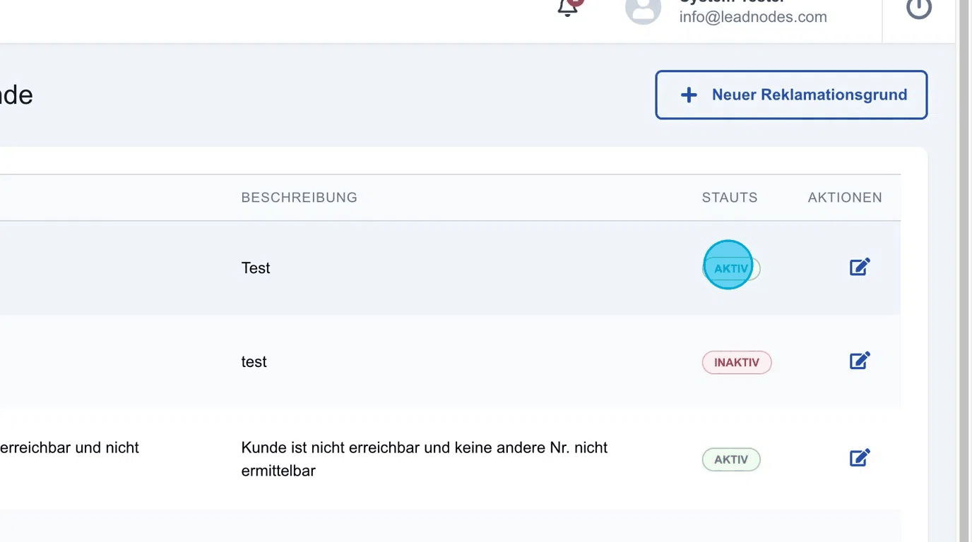 Screenshot: Status aktivieren/deaktivieren
