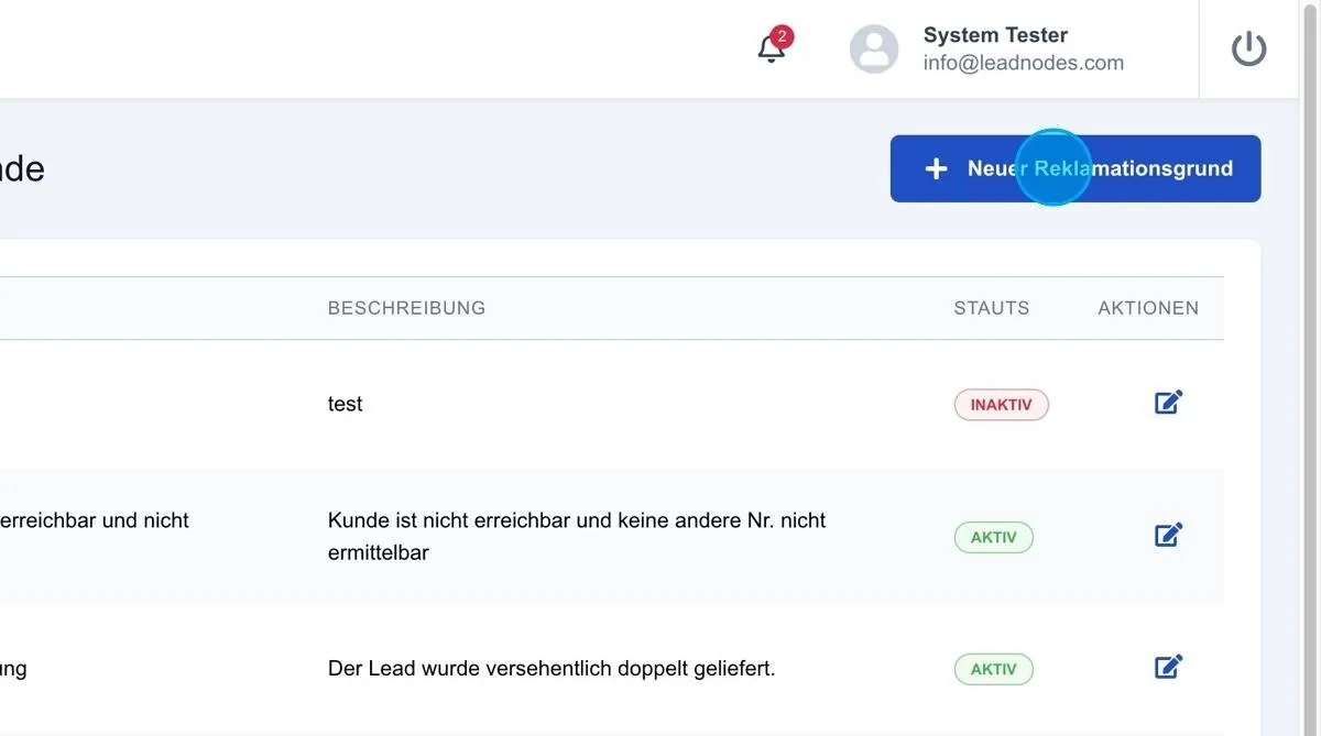 Screenshot: Neuer Reklamationsgrund