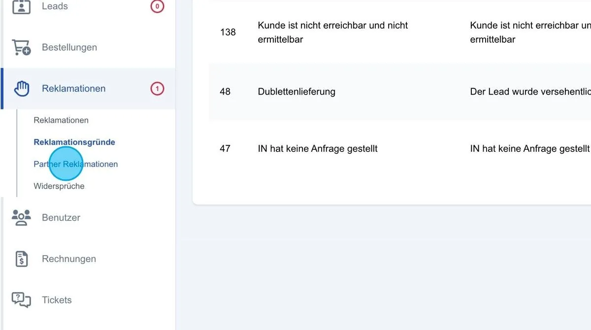 Screenshot: Partner Reklamationen