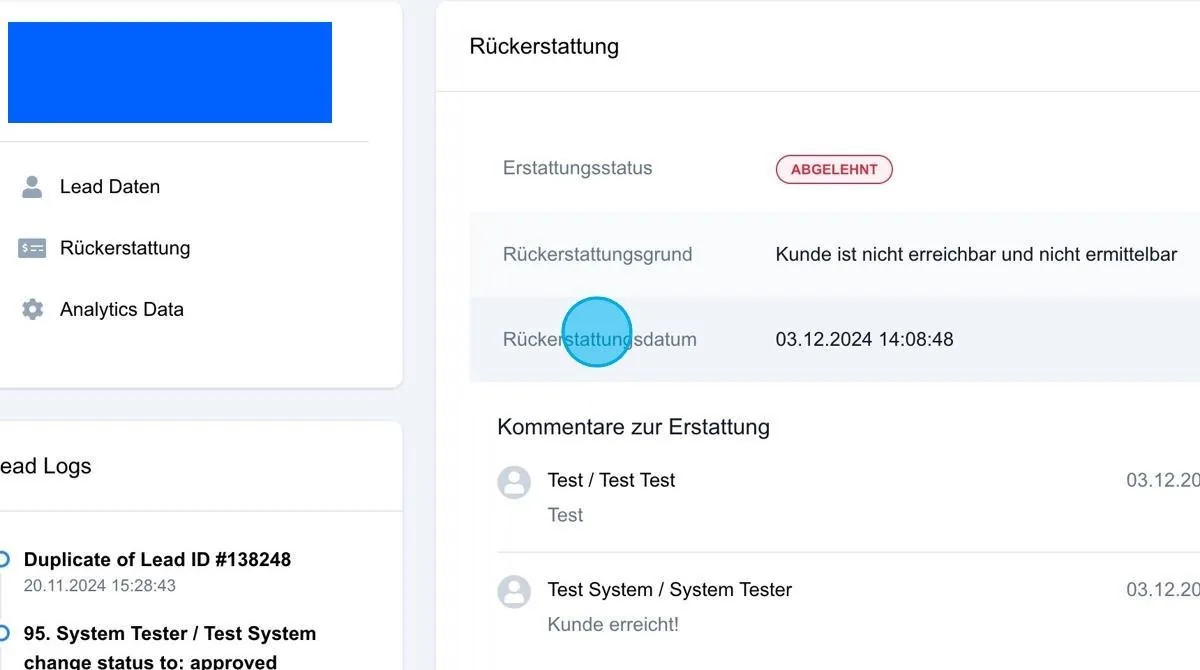 Screenshot: Rückerstattung Widersprüche