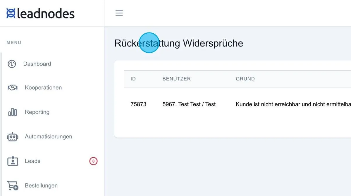 Screenshot: Rückerstattung Widersprüche