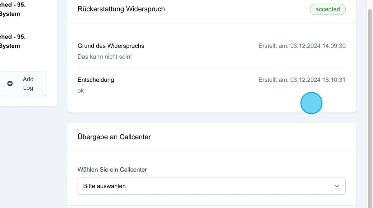 Screenshot: Rückerstattung Widerspruch