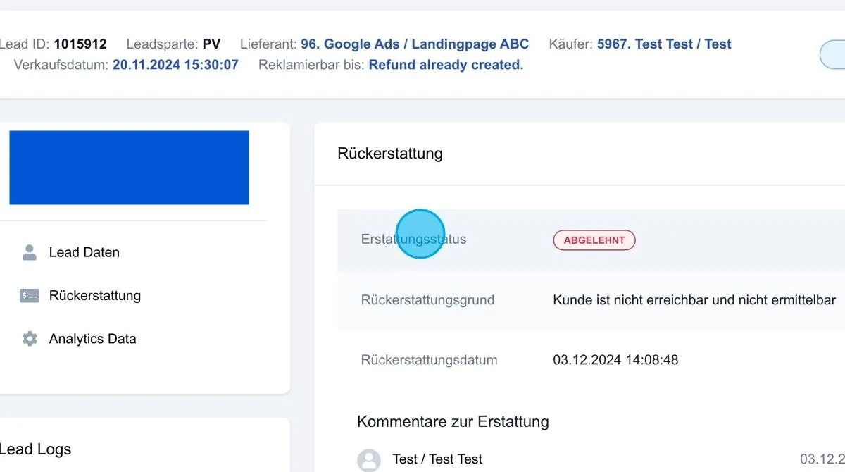 Screenshot: Rückerstattung Widersprüche