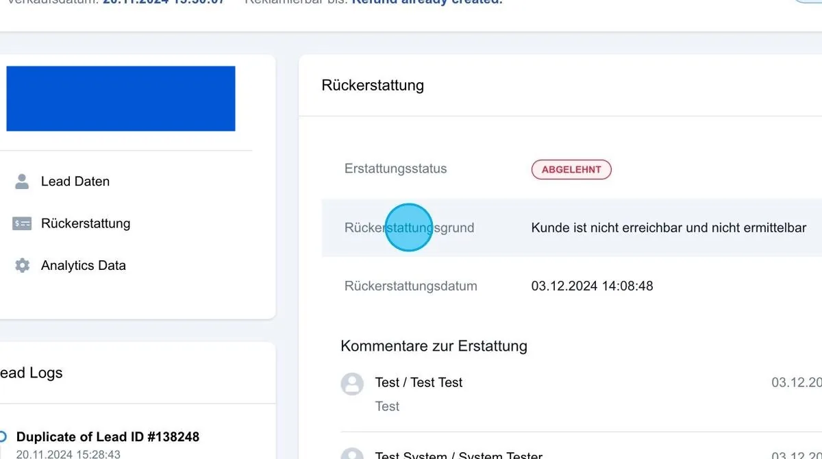 Screenshot: Rückerstattung Widersprüche