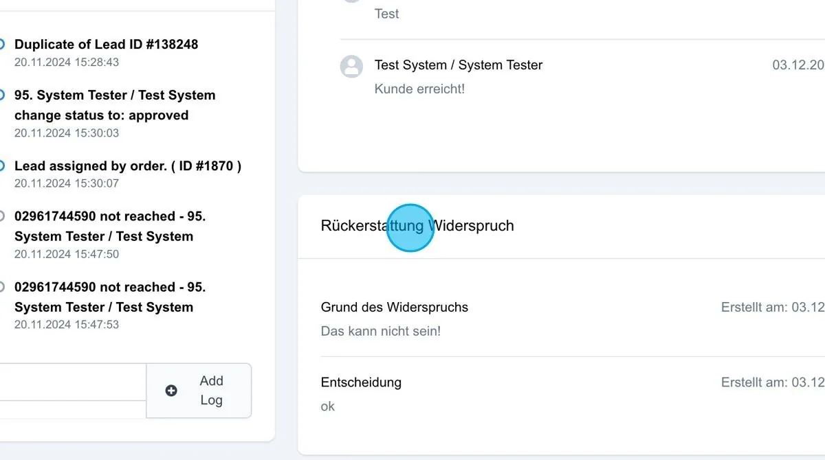 Screenshot: Rückerstattung Widerspruch