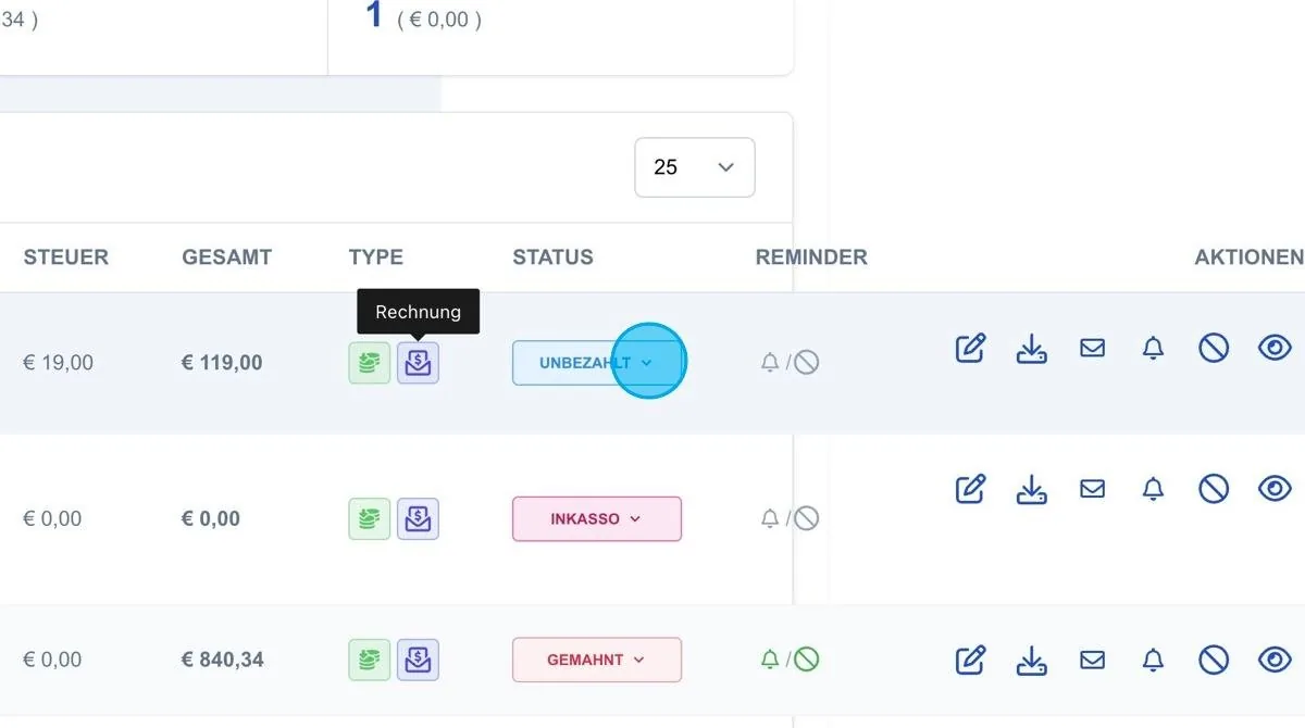Screenshot: Rechnungsstatus