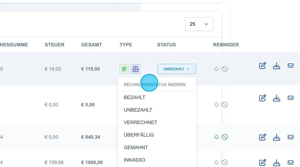 Screenshot: Rechnungsstatus