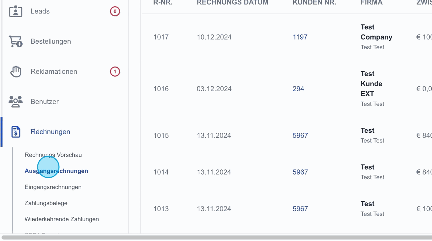 Screenshot: Ausgangsrechnungen