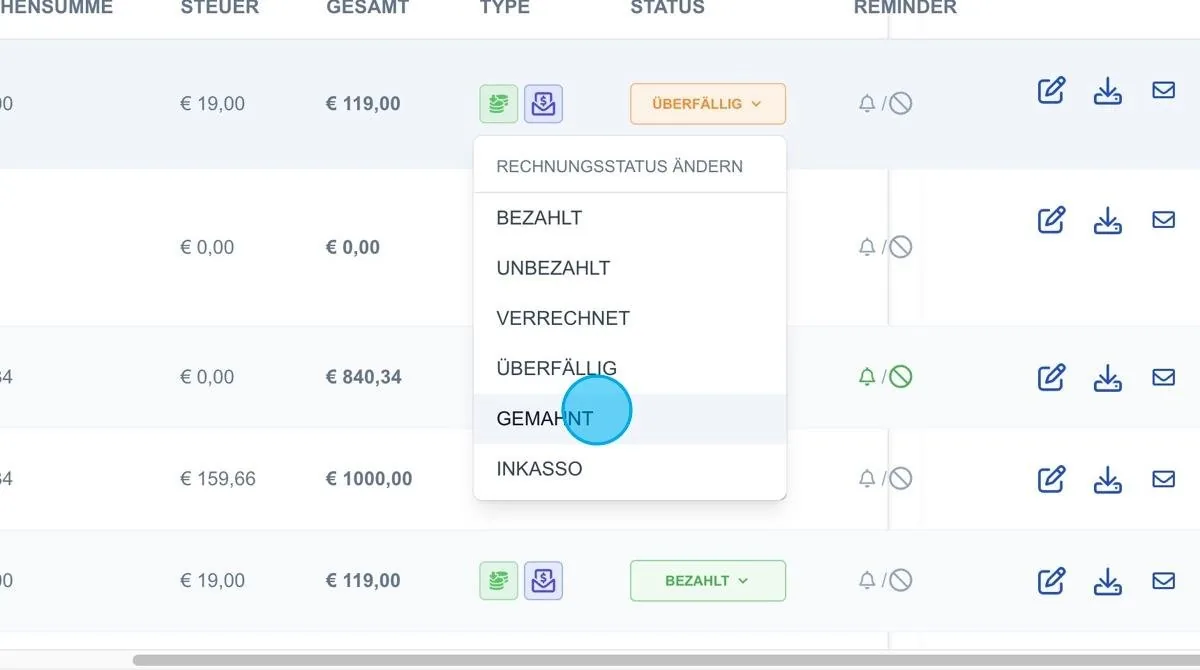 Screenshot: Gemahnt