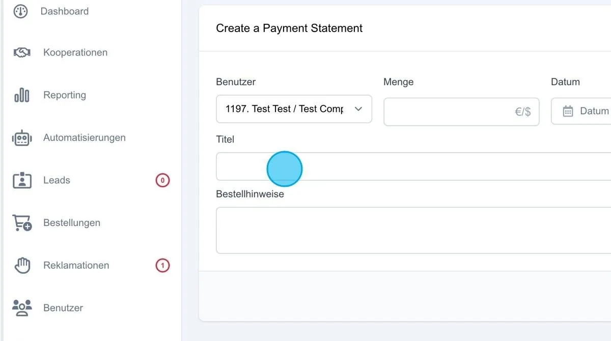 Screenshot: New Payment Statement