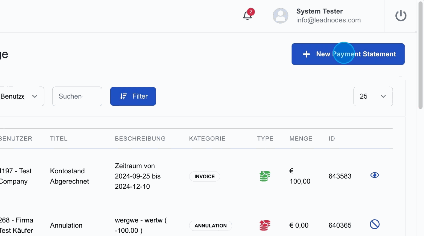 Screenshot: New Payment Statement