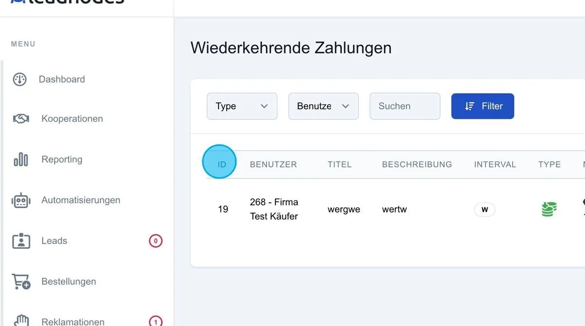 Screenshot: Wiederkehrende Zahlungen