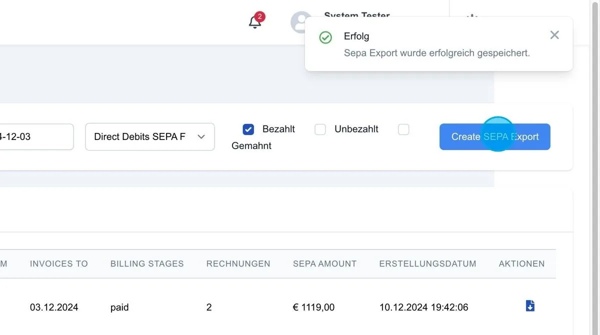 Screenshot: Create SEPA Export