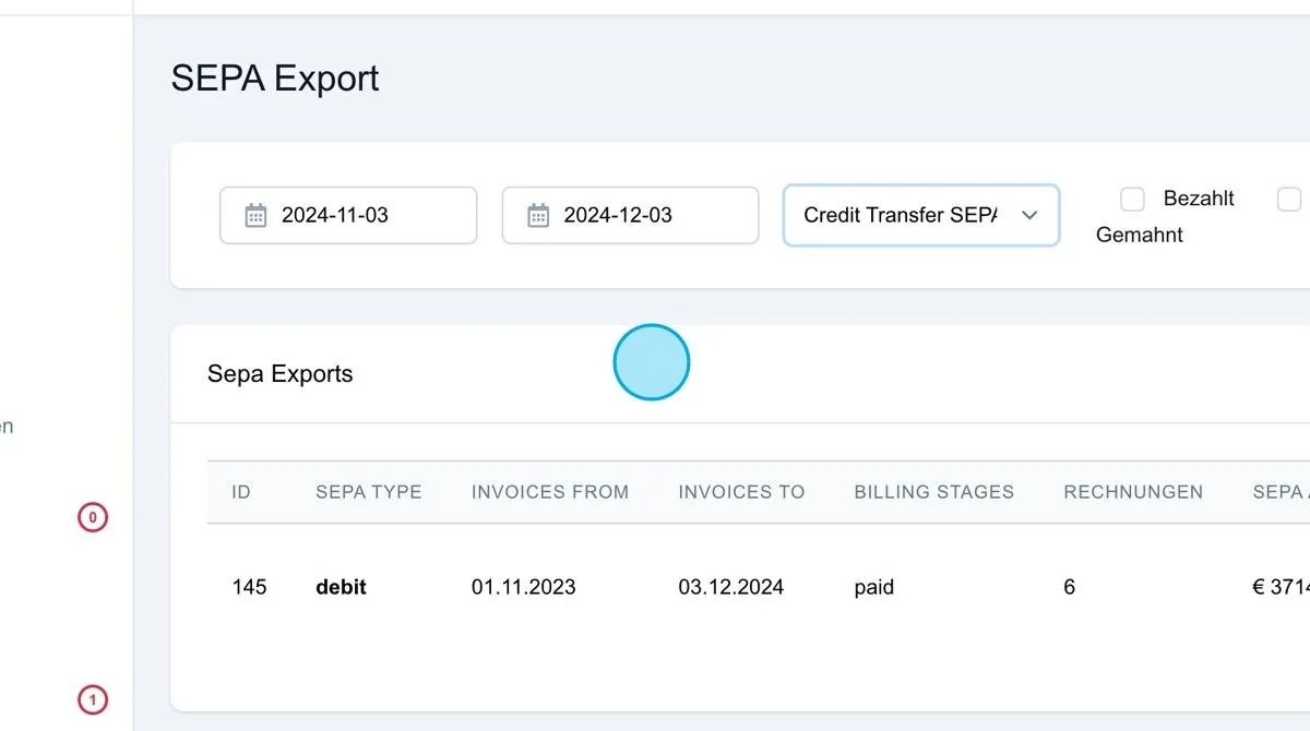 Screenshot: SEPA-Export mit Filteroptionen