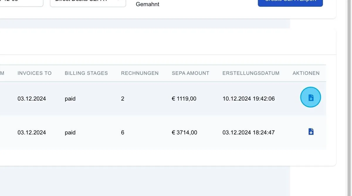 Screenshot: SEPA-Datei herunterladen