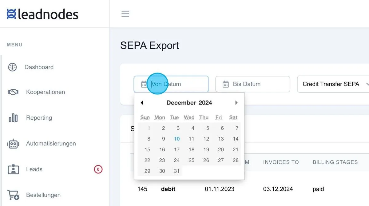 Screenshot: SEPA-Export