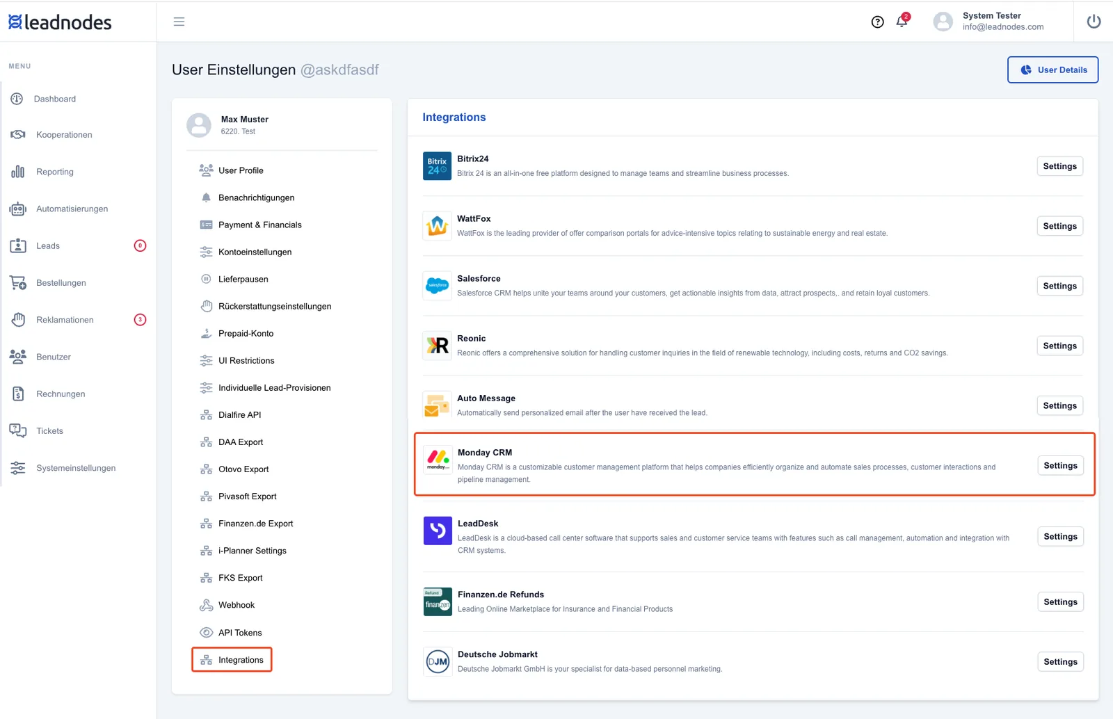 Screenshot: Daten bei Leadnodes hinterlegen