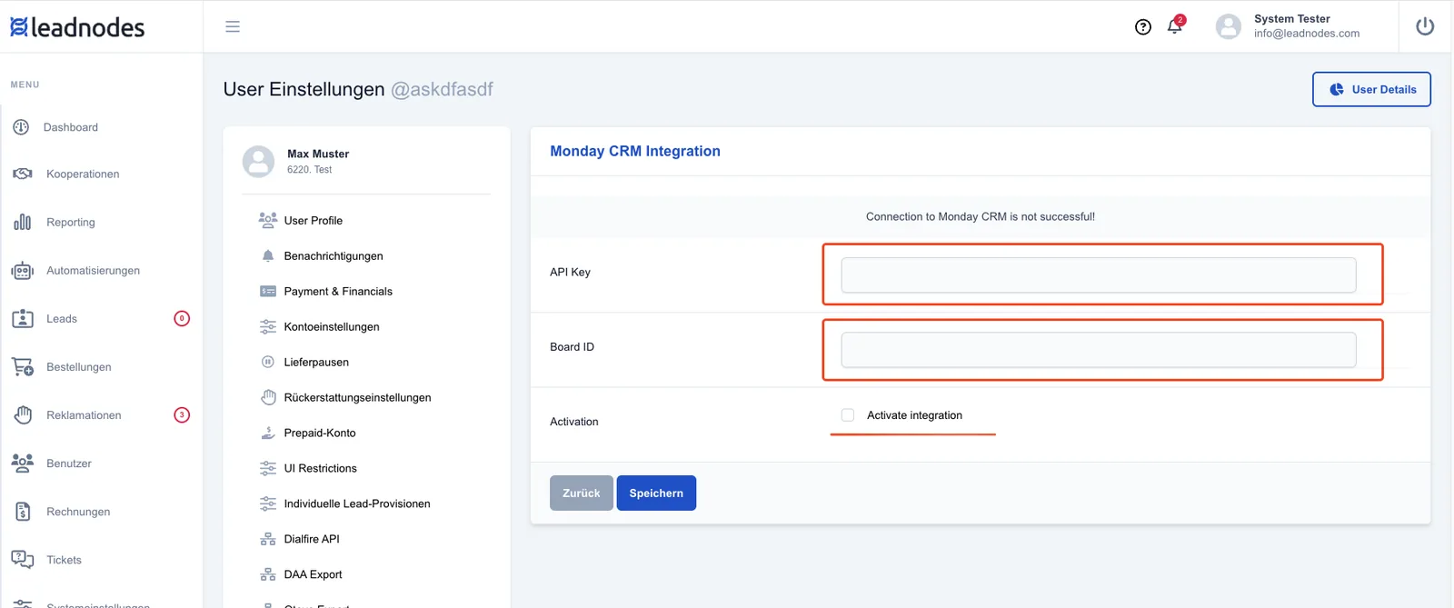 Screenshot: Daten bei Leadnodes hinterlegen