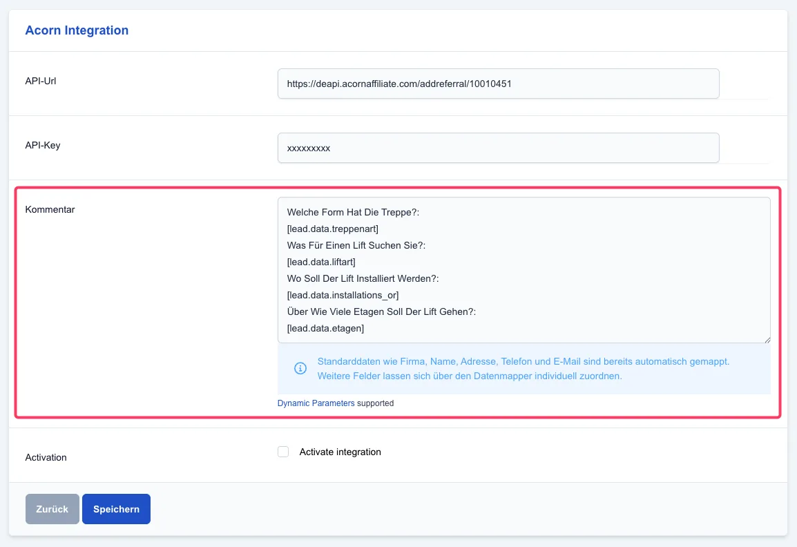 Screenshot: Benutzerdefinierte Leaddaten
