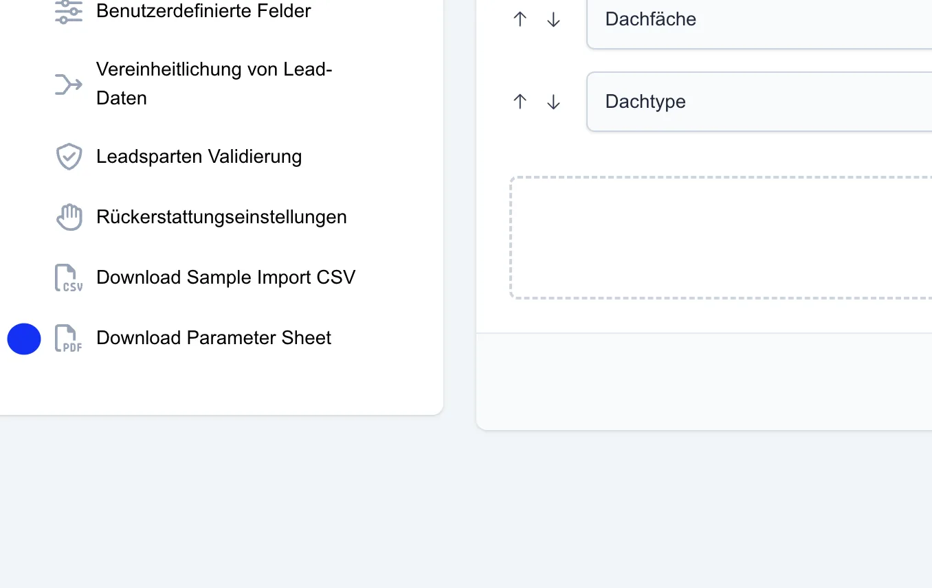Screenshot: CSV-Vorlage für Leadimporte pro Leadsparte